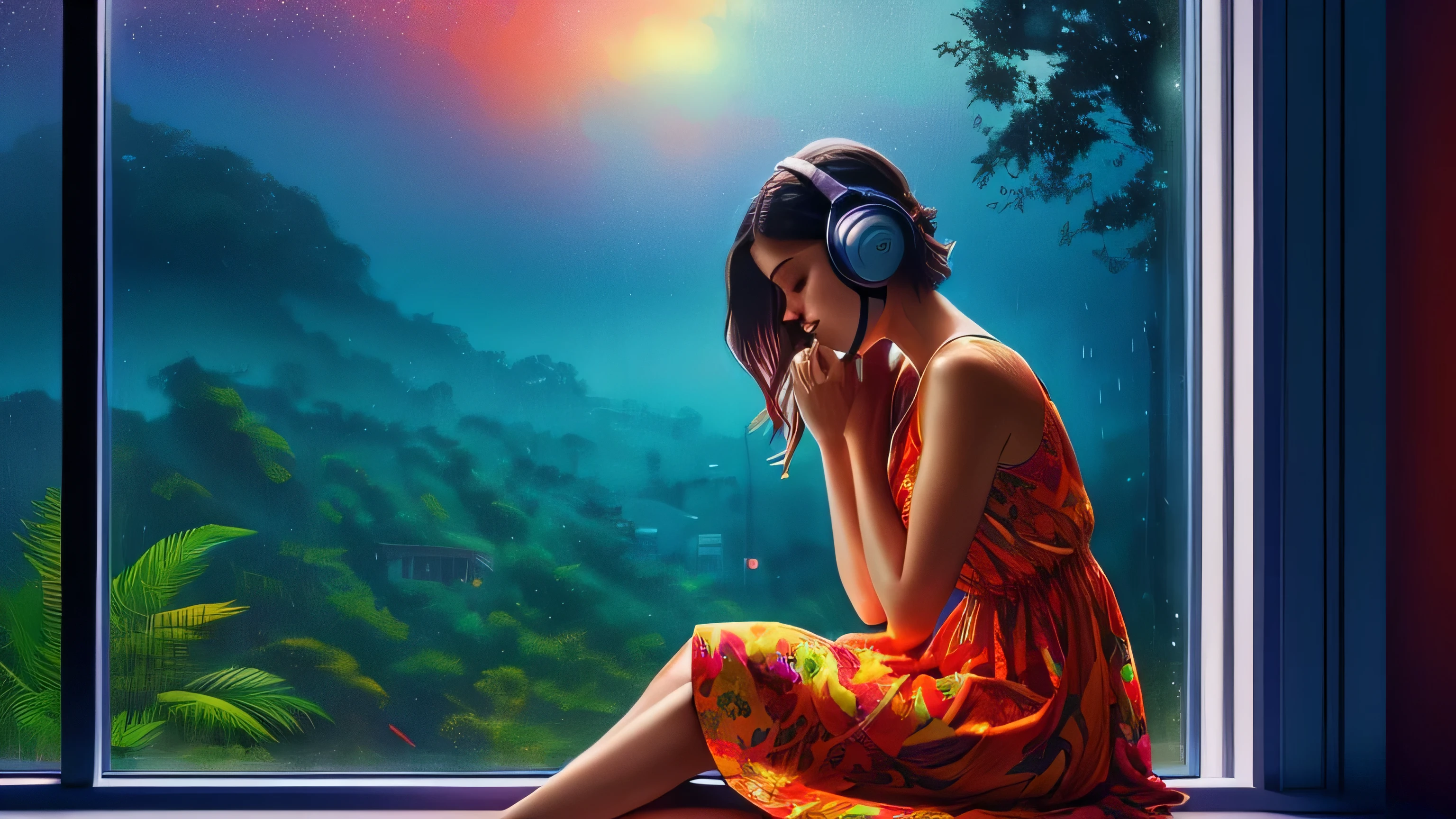 a woman sitting in front of a window, looking out window, wearing a colourful dress, junglescape background, wearing headphones, a digital painting inspired by Alena Aenami, pixiv, realism, rainy night. digital illustration, blurred and dreamy illustration, blues, blurry and dreamy illustration, artistic. lo-fi illustration style, sunset, raining