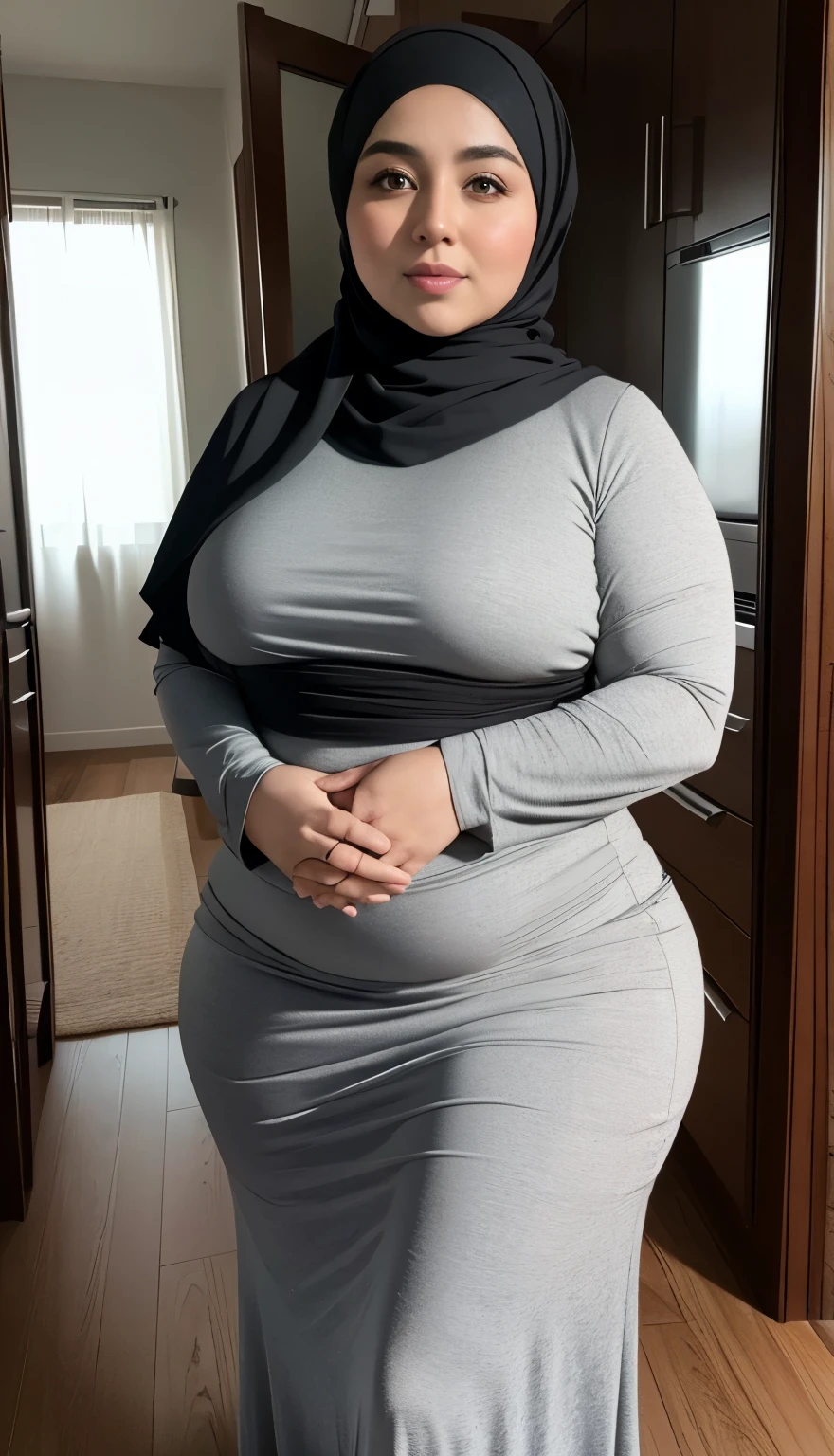 Chubby woman with fat belly and tight thighs, full body, 50-year-old mature woman, thick hips, thick neck, thick chest, big eyes, wearing a longest dress, wearing a hijab, hijabi woman