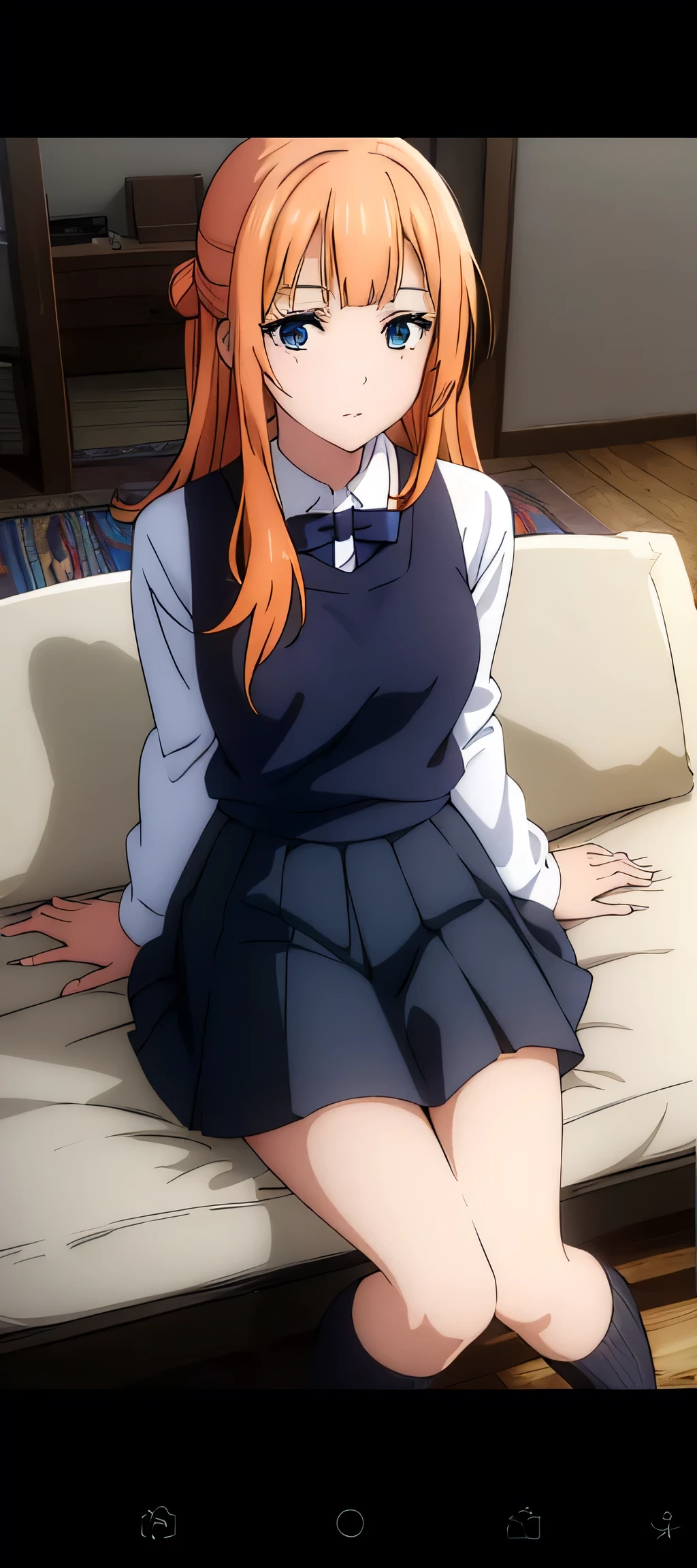 a girl with long orange hair, detailed green eyes, wearing a white uniform sailor t-shirt, blue plaid xadrez skirt, and long black socks, extremely detailed eyes and face, longeyelashes, beautiful detailed eyes, beautiful detailed lips, realistic, photorealistic, photo-realistic:1.37, (best quality,4k,8k,highres,masterpiece:1.2),ultra-detailed, lighting,ultra-fine painting,sharp focus,physically-based rendering,extreme detail description,professional,vivid colors,bokeh,portrait