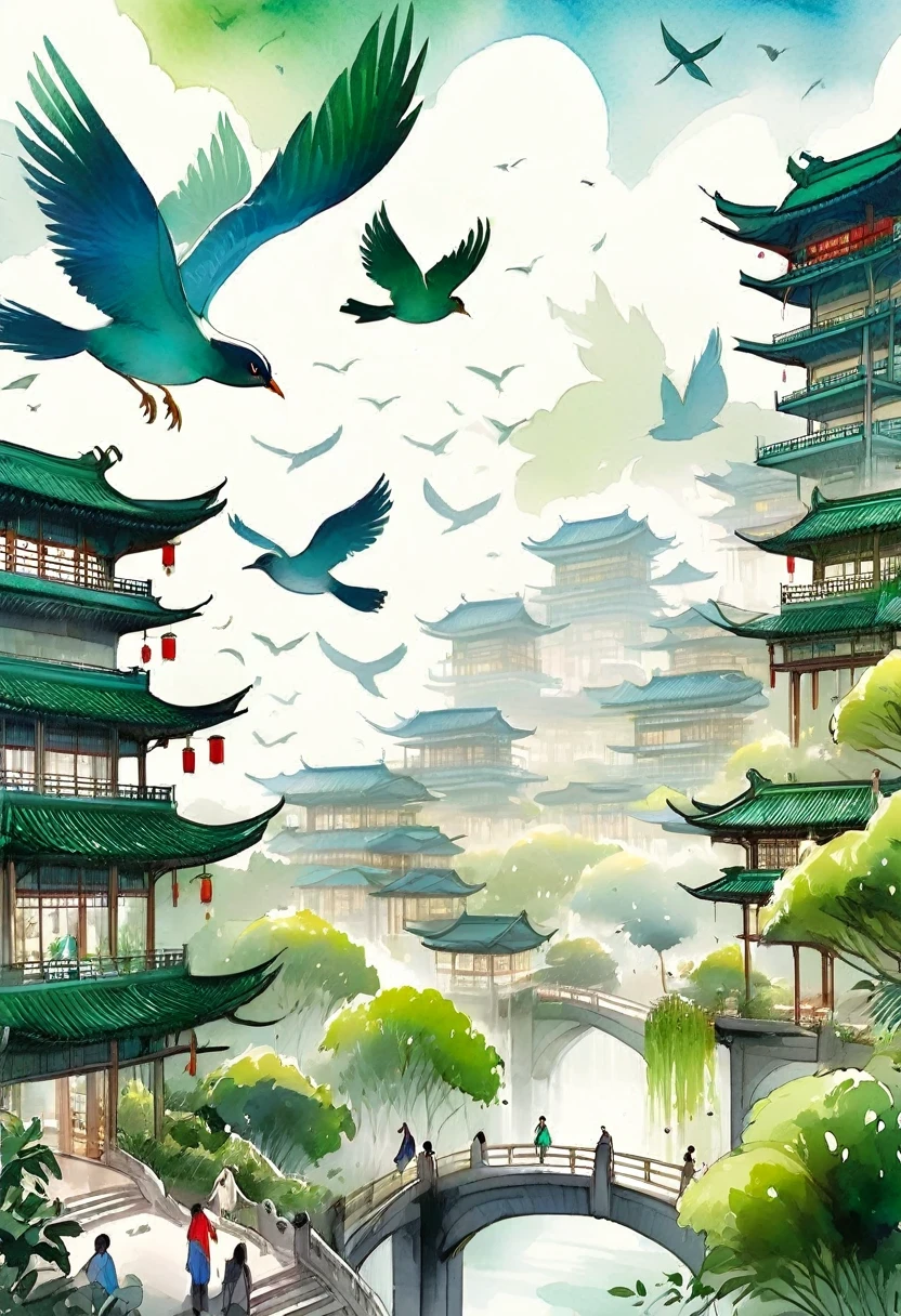 Watercolor poster showing a bird soaring, wings outstretched, over Xiong'an New Area, lush greenery enveloping state-of-the-art sustainable buildings, elegant font "Xiongan New Flying，green new city!" with each character gracefully intertwined, symbolizing the ascent towards an eco-friendly urban future, natural light, ultra fine, digital painting.