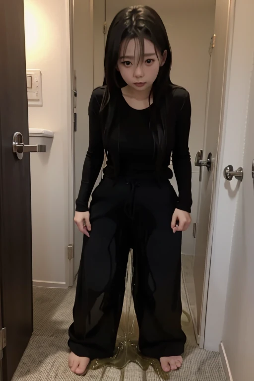 Japanese Girl sees the ghost and pees her black palazzo pants until her pants are wet in fright.