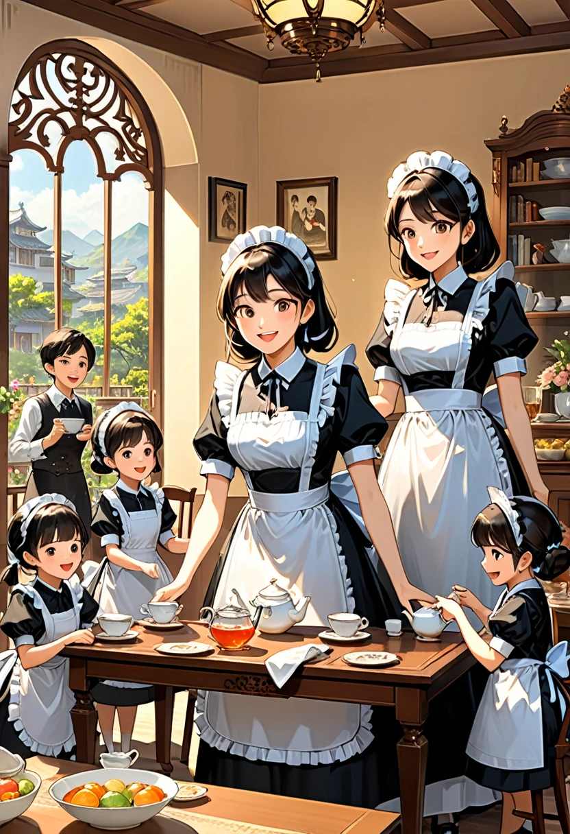 At a warm family gathering, the family decided to play a role-playing game. Excitedly, the little sister changed into the maid costume her mother had prepared for her, imitating the characters in the animated film, serving tea and water to everyone, bringing joy and laughter to the family, (masterpiece, best quality, Professional, perfect composition, very aesthetic, absurdres, ultra-detailed, intricate details:1.3)