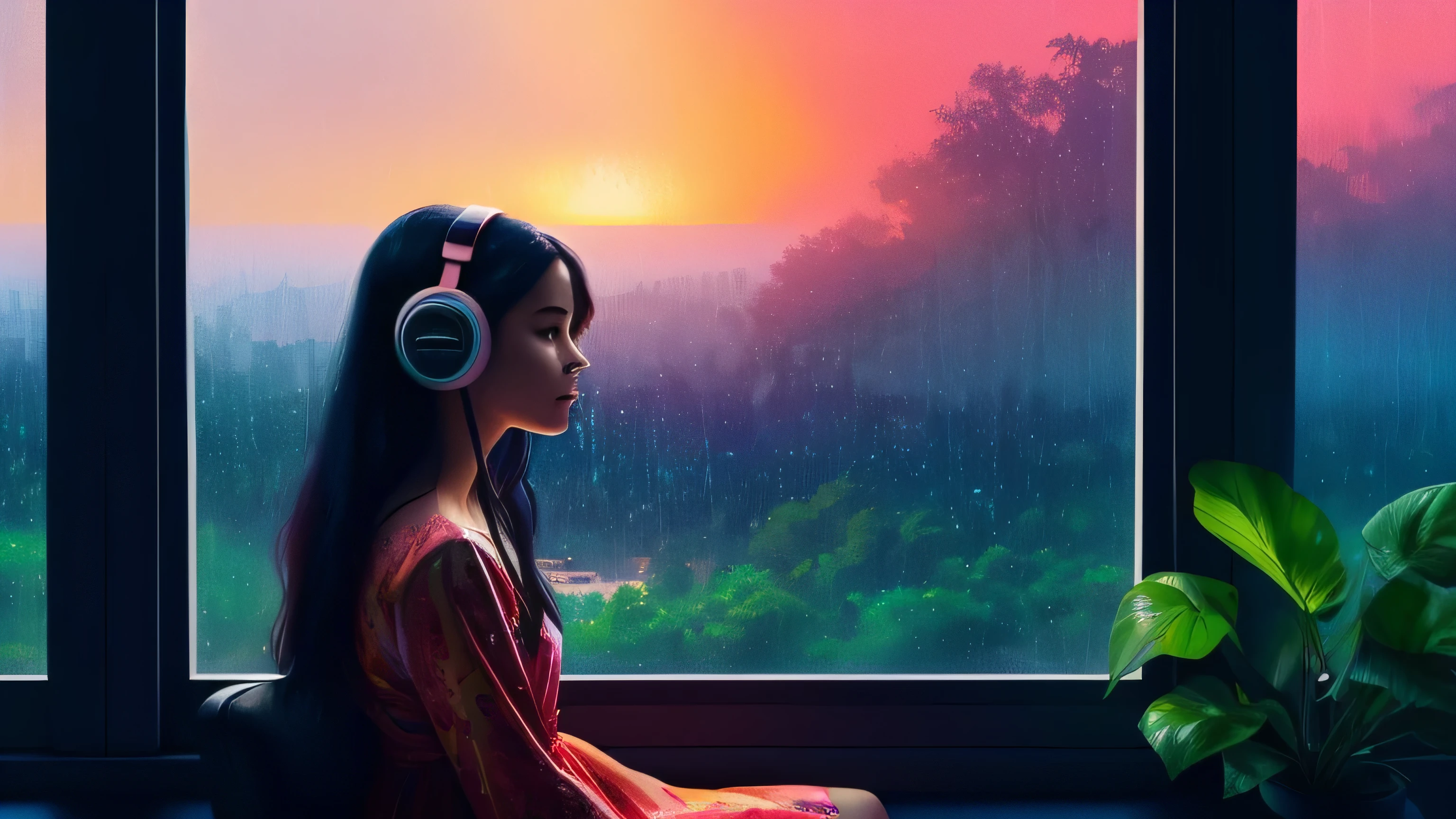 a woman sitting in front of a window, looking out window, wearing a colourful dress, junglescape background, wearing headphones, a digital painting inspired by Alena Aenami, pixiv, realism, rainy night. digital illustration, blurred and dreamy illustration, blues, blurry and dreamy illustration, artistic. lo-fi illustration style, sunset, raining