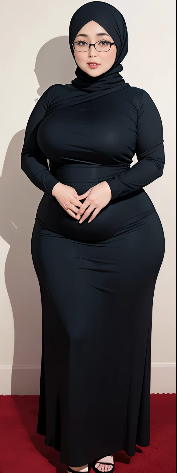 Chubby woman with fat belly and tight thighs, full body, 50-year-old mature woman, thick hips, thick neck, thick chest, big eyes, wearing a longest dress, wearing a hijab, hijabi woman, minako komukai, glasses