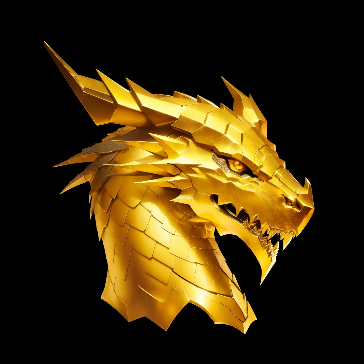 Close up of a metal animal head on a black background,Detailed game art, Dragon Portrait, Game Icon资产,Metal Material,Metallic luster,Game Icon,Gorgeous Icons,Diablo style, ,HD,4K,Realistic style