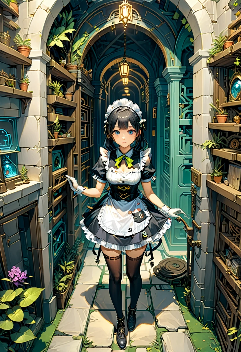 In a popular RPG game, the character controlled by the player is a maid working in a fantasy castle, dressed in the game's unique cute maid costume, weaving through maze like corridors, completing various tasks and challenges, (masterpiece, best quality, Professional, perfect composition, very aesthetic, absurdres, ultra-detailed, intricate details:1.3)