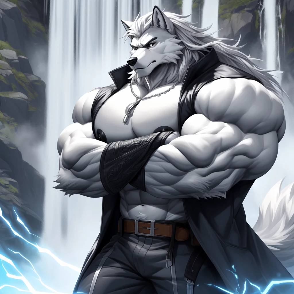 (upload on e621) (Masterpiece) (by Drks) (best quality) (ultra high res) 4K (8k HD) 2D (perfect anatomy) (digital art) (official art) (extreme detailed) (ultra detailed) (strapsanime) color (soft shading) (sharp focus) (waterfall background) 1man silver body fur silver belly detailed fluffy fur (ultra detailed face) high detailed eyes high detailed iris eyes high detailed silver eyes (white sclera) black pupils big navel abs bare pectoral (((huge black shiny nipples))) black claw nails furry wolf male mature male silver giant bulky muscular body fur giant size canid (((huge muscles))) (((hyper muscles))) huge pecs (((oversize pecs))) huge biceps (((giant biceps))) (((fullbody))) canine canis mammal powerful wolf god wolf male calm cool collected demeanor face badass wolf anthro solo standing (((wearing silver full complete sleeveless long trench coat jacket))) (((silver longest flowing length hair))) (((best longest silver hair))) (((silver longest flowing length back fur hair))) (((silver longest flowing length hair fur front lay on pecs))) (((perfect fingers))) (((five fingers))) silver hands and fingers (((wearing silver fingerless gloves))) (((silver arm bands on his biceps))) (((three silver arm bands on his forearms))) (((dark black huge bead necklaces))) (((dark black huge longer bead necklaces around neck to pecs))) (((silver long wolf tail))) (((black long pants with silver lines with belt straps on both legs))) (((silver electricity and silver surge aura flow entire body))) (((blue silver aura around his body))) (((crossed arm pose)))