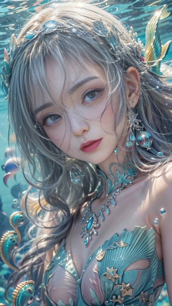 (RAW shooting, 32k:1.5, highest quality, masterpiece, Ultra-high resolution), (Deep sea at night:1.0, Dramatic moonlight:0.7, Mysterious underwater world:1.3, Expressions of sadness:1.0), Side Shot, Fractal Art:1.3, Perfect dynamic composition:1.3, Very detailedな肌と顔の質感:1.3, Dynamic flow of water waves:1.3, Beautiful shell and coral decoration, Surrounded by lots of colorful fish, Rich underwater vegetation, (The subject is being viewed from a distance:1.3, Slim mermaid figure:1.0, Shimmering Scales, Mermaid tail), elegant and sophisticated, Fair skin, Incredibly slim body:0.8, Very beautiful face, Water droplets on the skin, Very accurate, Very detailed, Gorgeous silver shiny dress portrait:0.8, Big eyes that exude beauty, Beautiful big lips,, Unreal atmosphere, necklace, Earrings, bracelet