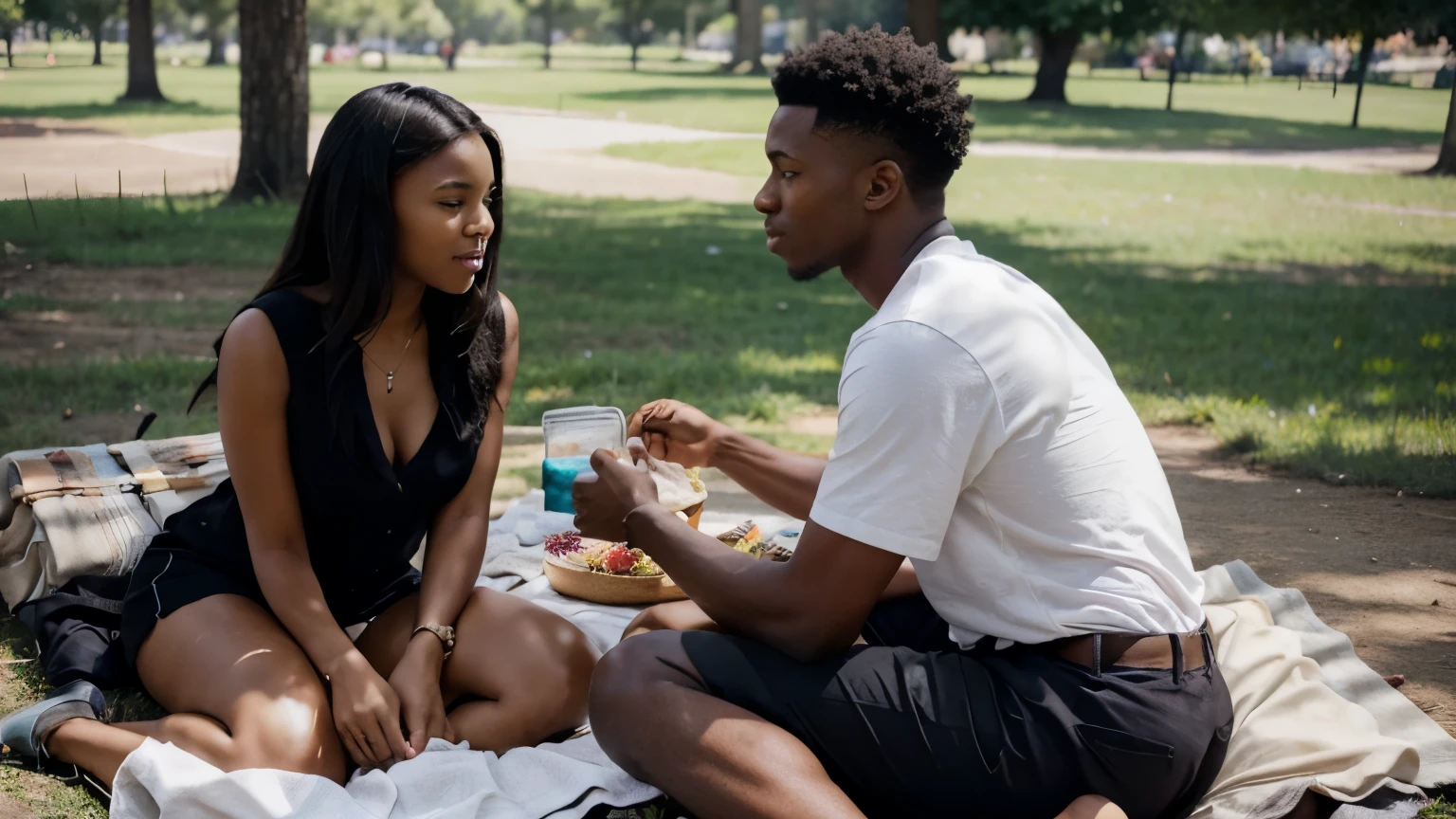 A young black man & woman that are sharing a picnic blanket in the park, but sit apart, making small talk and slowly becoming more comfortable in each other's company.