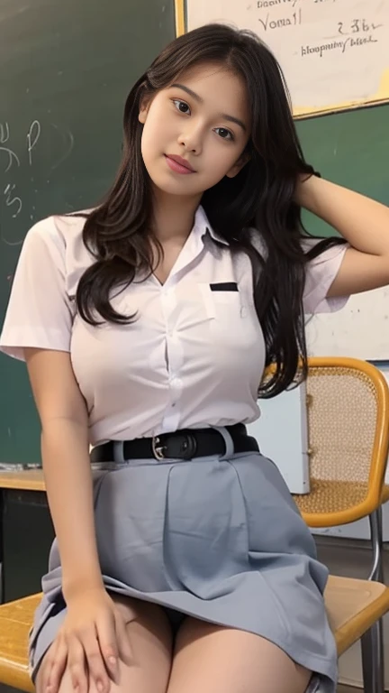 ((Best quality, Masterpiece, 8K)), Indonesian girl. Use high level Indonesian. White shirt, gray skirt. Black belt. Beautiful, half layered hair. Big breasts. Sit at the class table, straddle pose. Smooth vagina. Open two legs apart, open panties, camel toe, close eyes. Orgasm expression. Whole body
