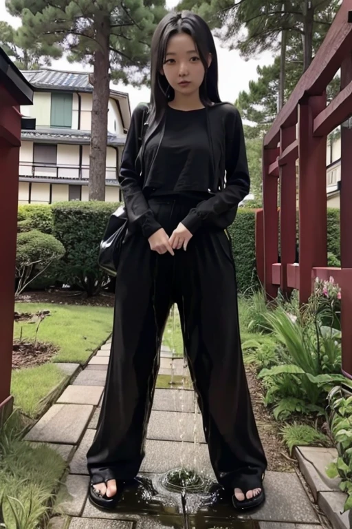 Japanese Girl sees the ghost and pees her black palazzo pants until her pants are wet in fright.