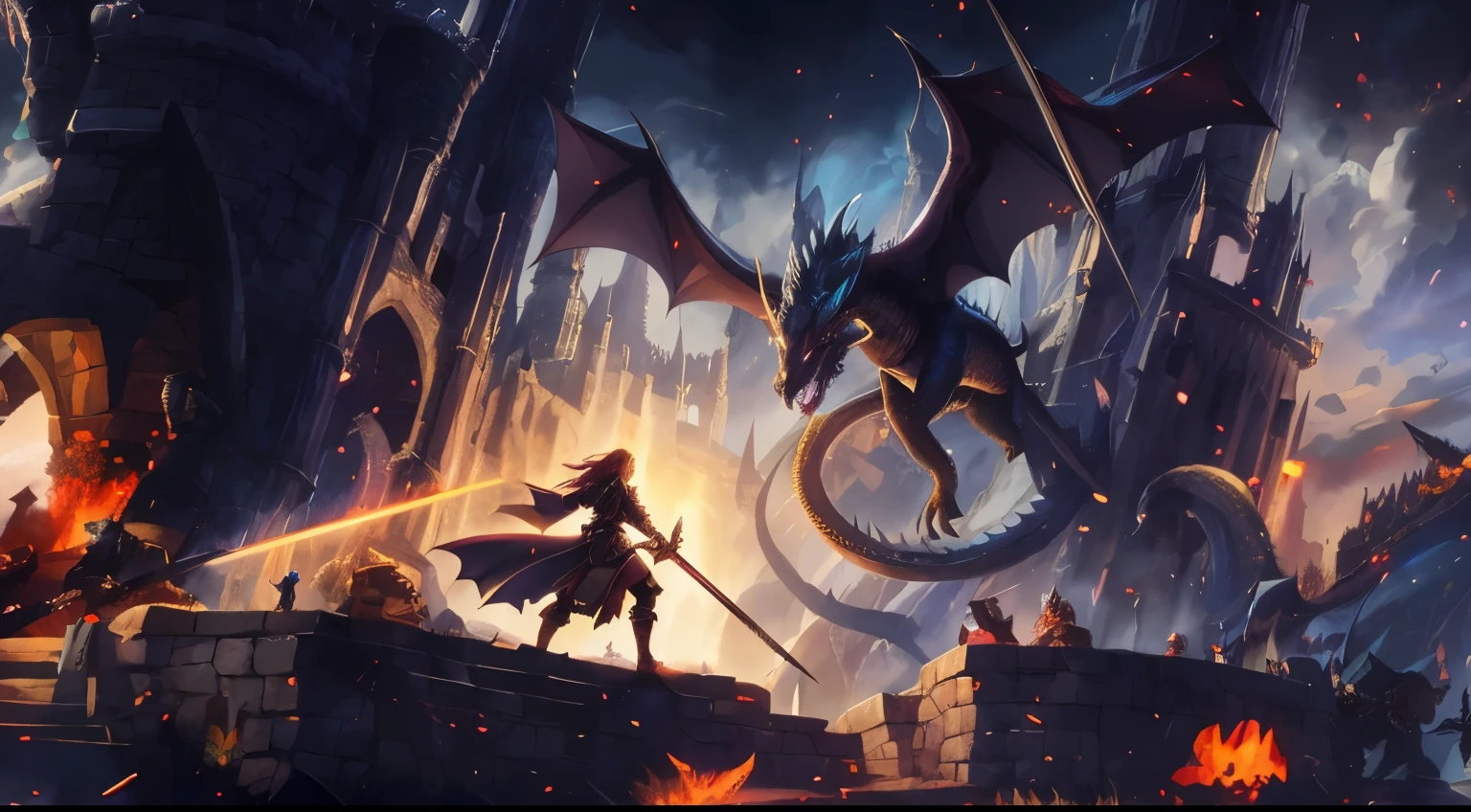 anime scene of a man with a sword and a dragon in a castle, dungeon and dragon illustration, dungeon and dragons art, battle with dragon, dungeons and dragons fantasy art, d & d fantasy digital art, epic fantasy game art, epic rpg artwork, 4k fantasy art, epic fantasy digital art style, epic fantasy artwork, 8k fantasy art, epic fantasy illustration