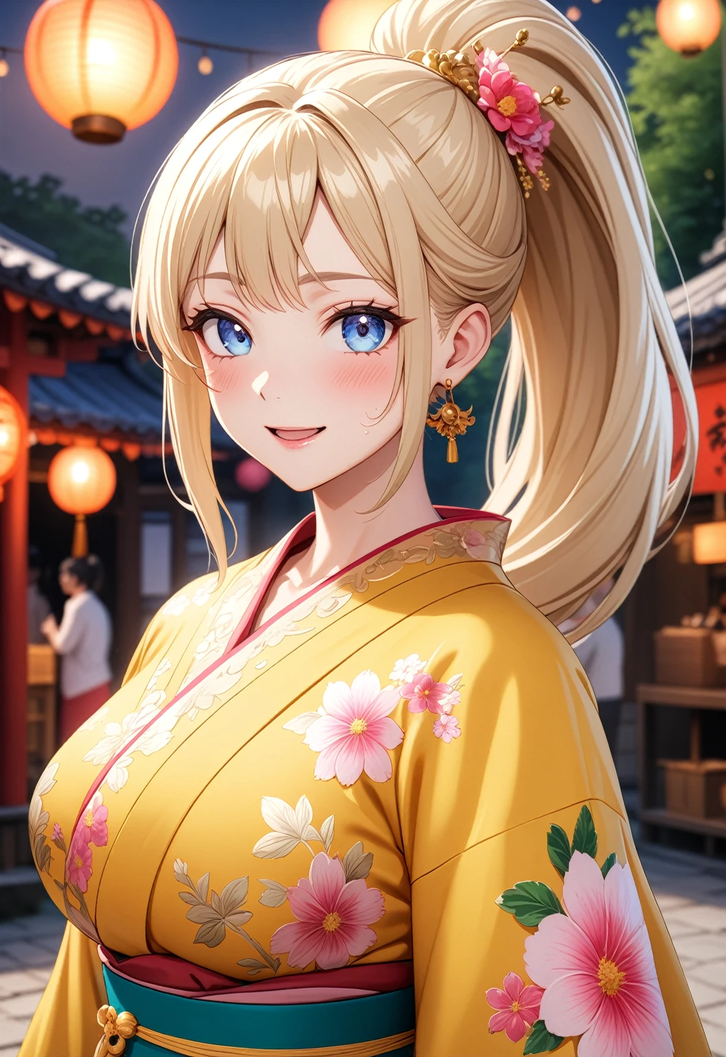 ((One woman)), Beautiful Face,Laughing embarrassedly,((Wink:1.6)),Laugh with a big mouth,Become bright red,Sweat on the face,Glossy pink lips,night,Shrine festival stalls,firework, ((Anime style background)),masterpiece, highest quality, so beautiful, up to date, Complex details, (Pink long nails),AI-generated, Complex,High resolution, highest quality, super high quality,3D Images、View the viewers、3D Images,one person,Long Blonde Hair,High Ponytail,blue eyes,Anime woman posing for a photo, [[Fine grain、Colorful eyes、Shining Eyes:1.15]],(Squint your eyes:1.1),a hyperRealistic , hyperRealistic , Realistic,Blonde anime woman with long hair, Smooth anime CG art, A woman in a colorful kimono with gold embroidery, (Yellow kimono),Pink floral pattern,Long flower hair ornament,Big earrings,(Large Breasts:1.2),Mature Body,tall,Big Ass,Fine details,Narrow waist,Six-pack,