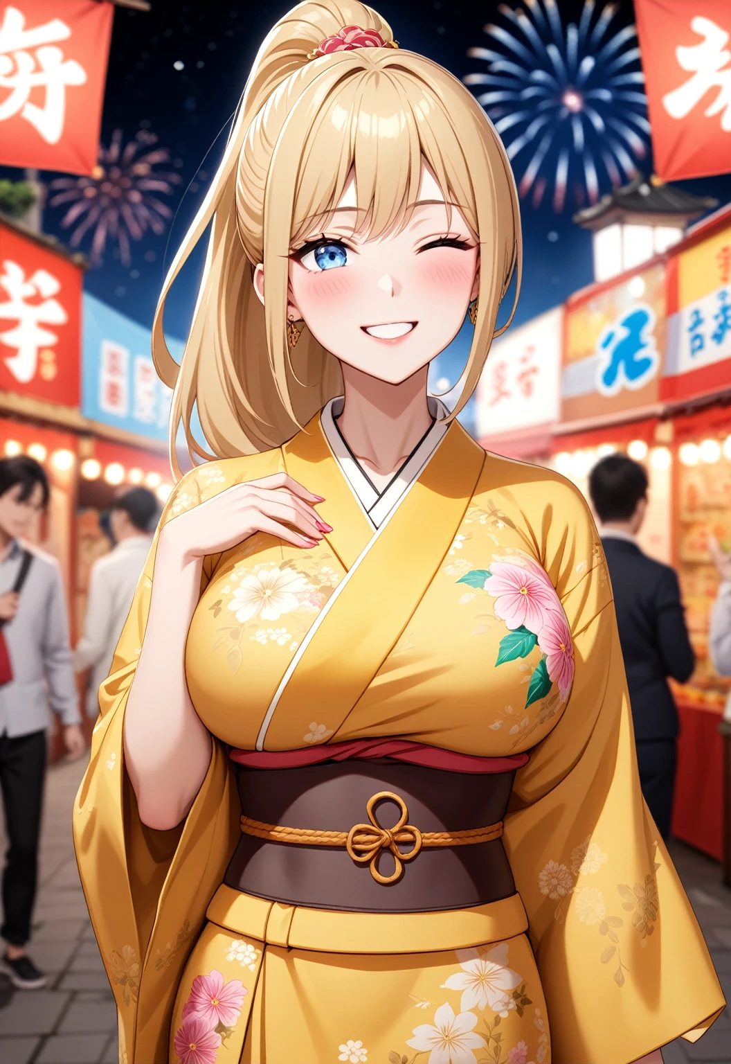 ((One woman)), Beautiful Face,Laughing embarrassedly,((Wink:1.6)),Laugh with a big mouth,Become bright red,Sweat on the face,Glossy pink lips,night,Shrine festival stalls,firework, ((Anime style background)),masterpiece, highest quality, so beautiful, up to date, Complex details, (Pink long nails),AI-generated, Complex,High resolution, highest quality, super high quality,3D Images、View the viewers、3D Images,one person,Long Blonde Hair,High Ponytail,blue eyes,Anime woman posing for a photo, [[Fine grain、Colorful eyes、Shining Eyes:1.15]],(Squint your eyes:1.1),a hyperRealistic , hyperRealistic , Realistic,Blonde anime woman with long hair, Smooth anime CG art, A woman in a colorful kimono with gold embroidery, (Yellow kimono),Pink floral pattern,Long flower hair ornament,Big earrings,(Large Breasts:1.2),Mature Body,tall,Big Ass,Fine details,Narrow waist,Six-pack,