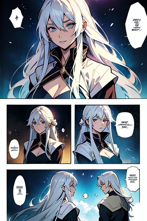 Girl with long white hair using magic , manga page with panels and dialogue 