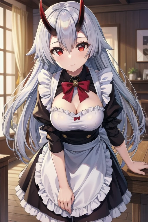 Masterpiece, best quality, tomoe gozen, torino style, 1person, red eyes, cute smile, leaning forward, hair between eyes, silver hair, oni horns, maid outfit, sit