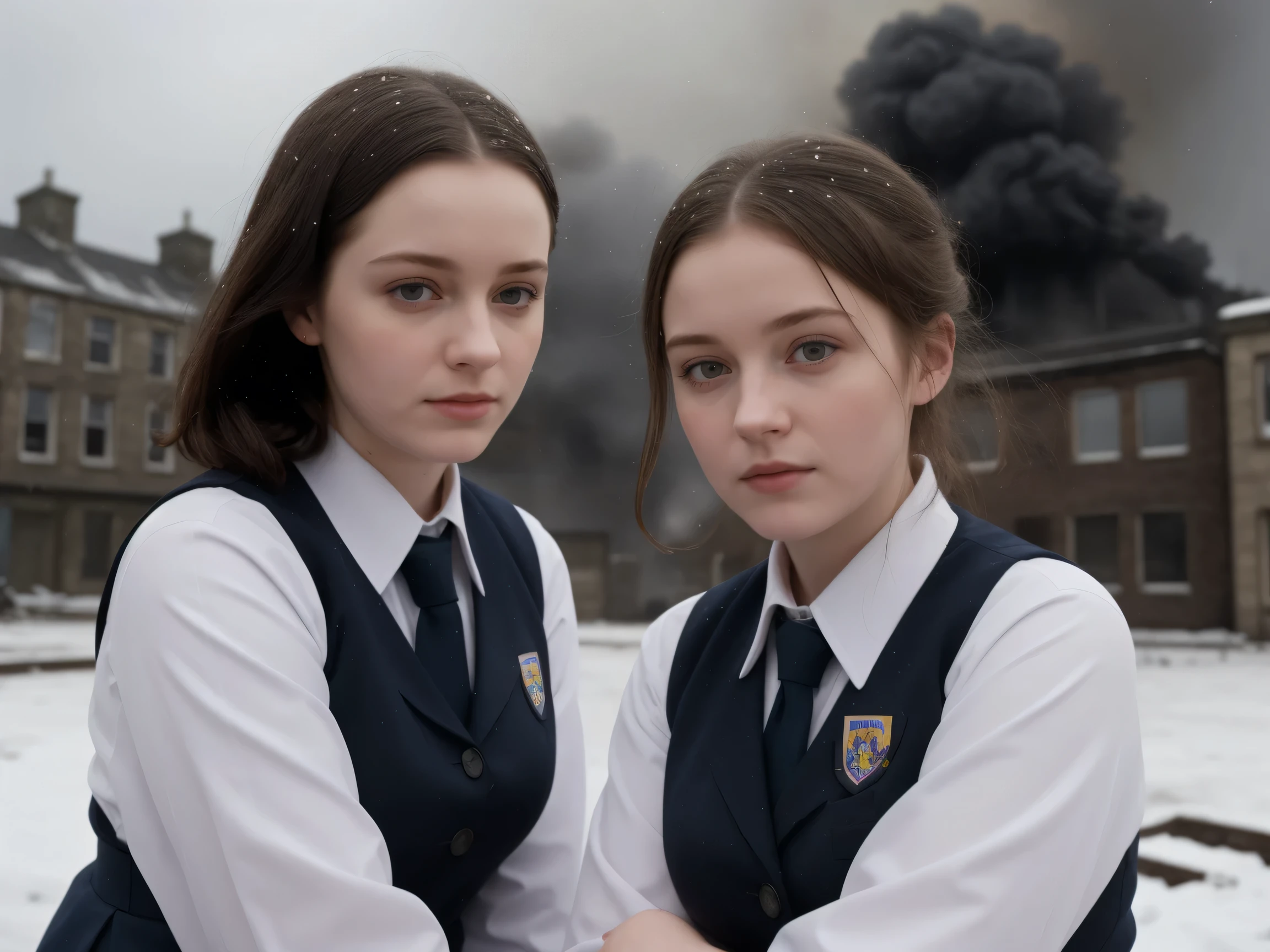 (((close up high definition))), ((cinematic)), two very calm beautiful school aged pale school girls, wearing catholic school uniforms, , sitting an an urban environment in Scotland, raining, cloudy skies, burning buildings, smoke, bombs exploding, snowing, fiery explosions in background, burning buildings, snow storm, tanks