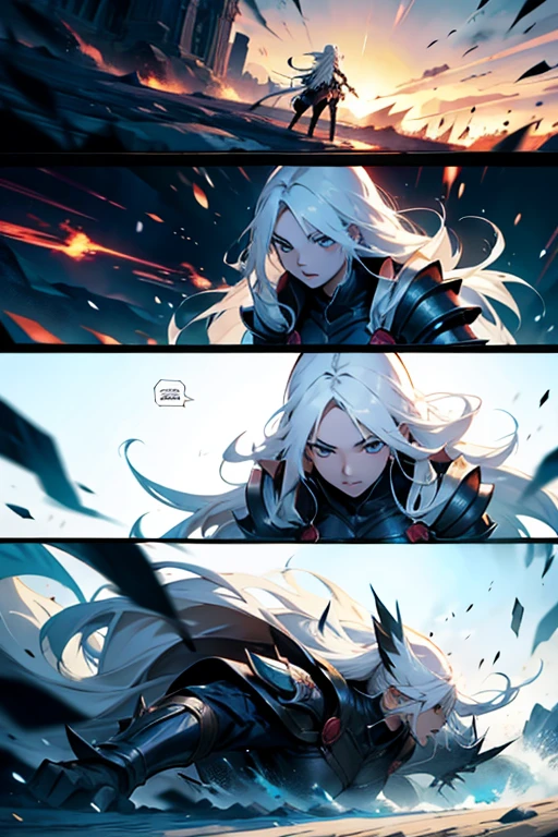 Girl with long white hair, epic battle scene, manga page with panels and dialogue