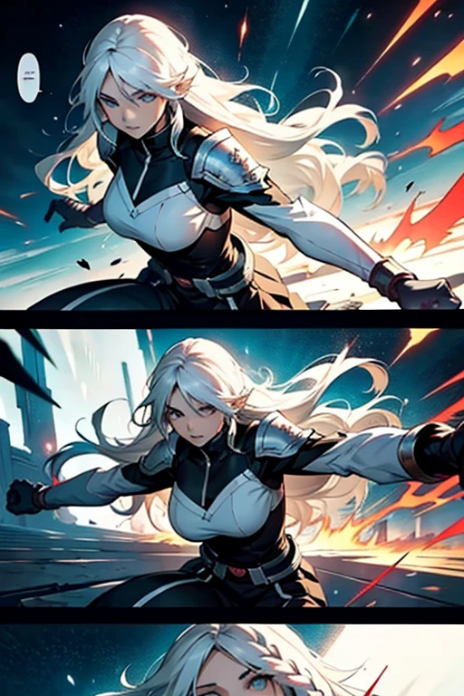 Girl with long white hair, epic battle scene, manga page with panels and dialogue 