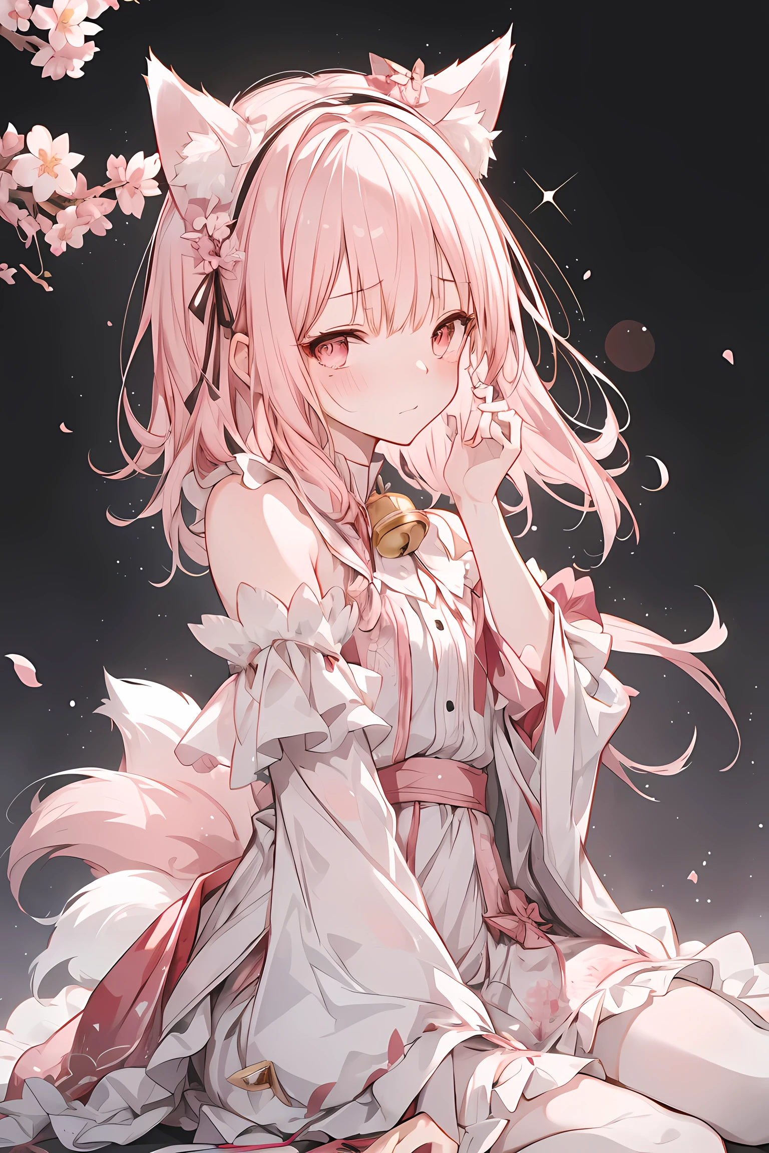 hairy, Pink fur, Off-the-shoulder white translucent morning dress, sit on the grass, Cherry blossom forest background, gold slit pupil, blushing:1, hair between eyes, pink hair, gradient hair, hair past shoulders, wet hair, shiny hair, bell, trumpet, forehead gem, lolitahairband, eye reflex, shed tears, slit pupil, fox ears, wolf ears, Awkward, blush, saliva, full blush, panicked, despair, full-face blush, realism, Ultra-realism, Ray tracing, reflected light, backlight, Fuji color, Bokeh, ultra high definition, retina, anatomically correct, Super details, best quality, high resolution