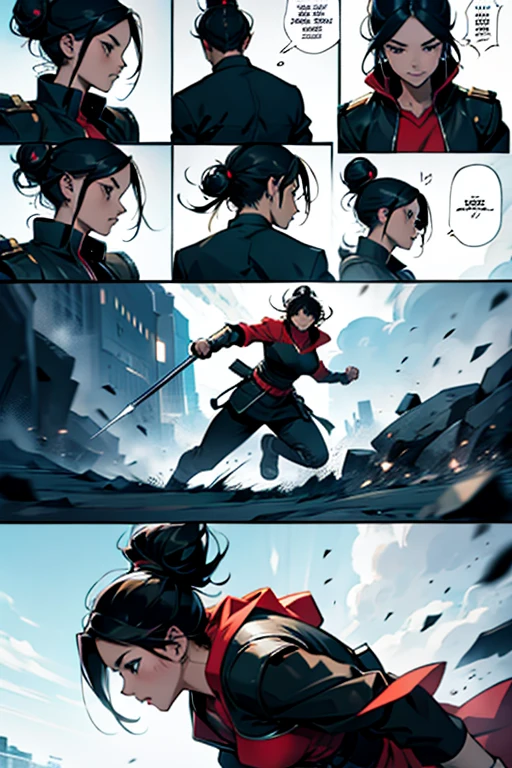 Girl black hair in a bun, epic battle scene, manga page with panels and dialogue