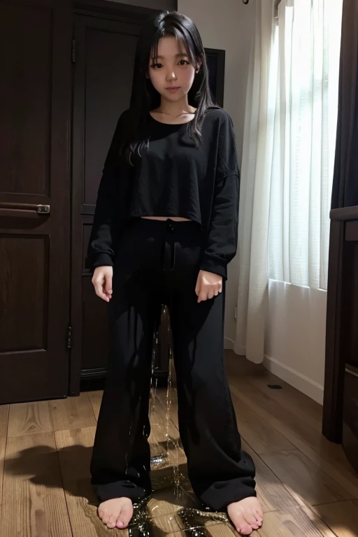 Japanese Girl sees the ghost and pees her black palazzo pants until her pants are wet in fright.