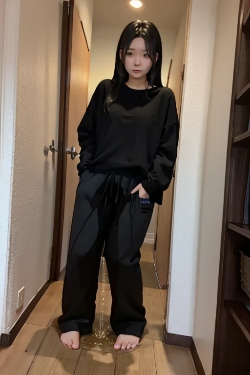 Japanese Girl sees the ghost and pees her black palazzo pants until her pants are wet in fright.