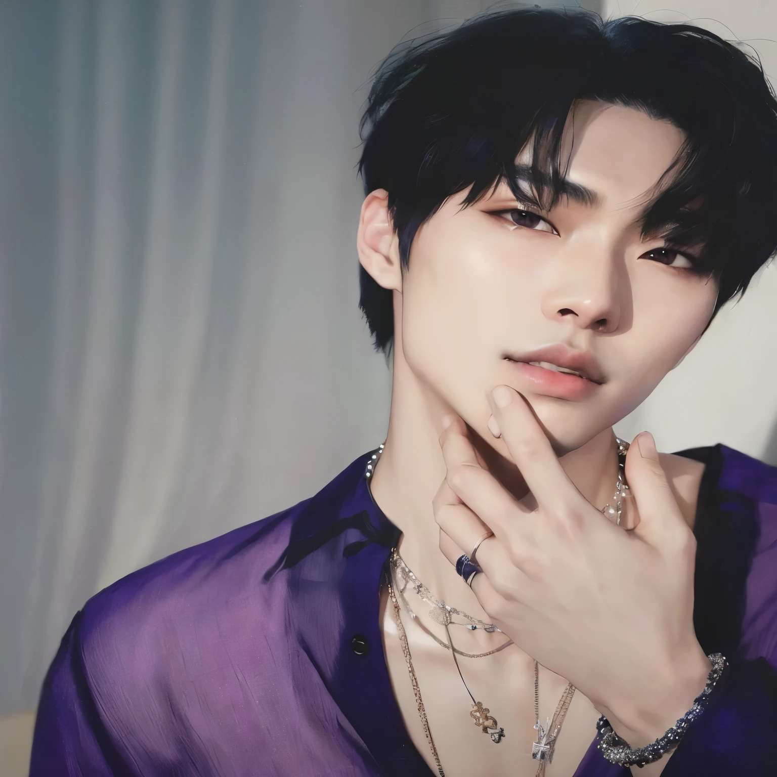 Araffe Asian man wearing a purple shirt and a necklace., kim doyoung, Jung Jaehyun, jinyoung shin, cai xukun, hyung tae, yoongi de pelo negro, kim taejin, Won Bin Lee, jungkook, retrato de jossi de blackpink, Hong June Hyung, beautiful androgynous prince, pintar ulzzang, delicate androgynous prince