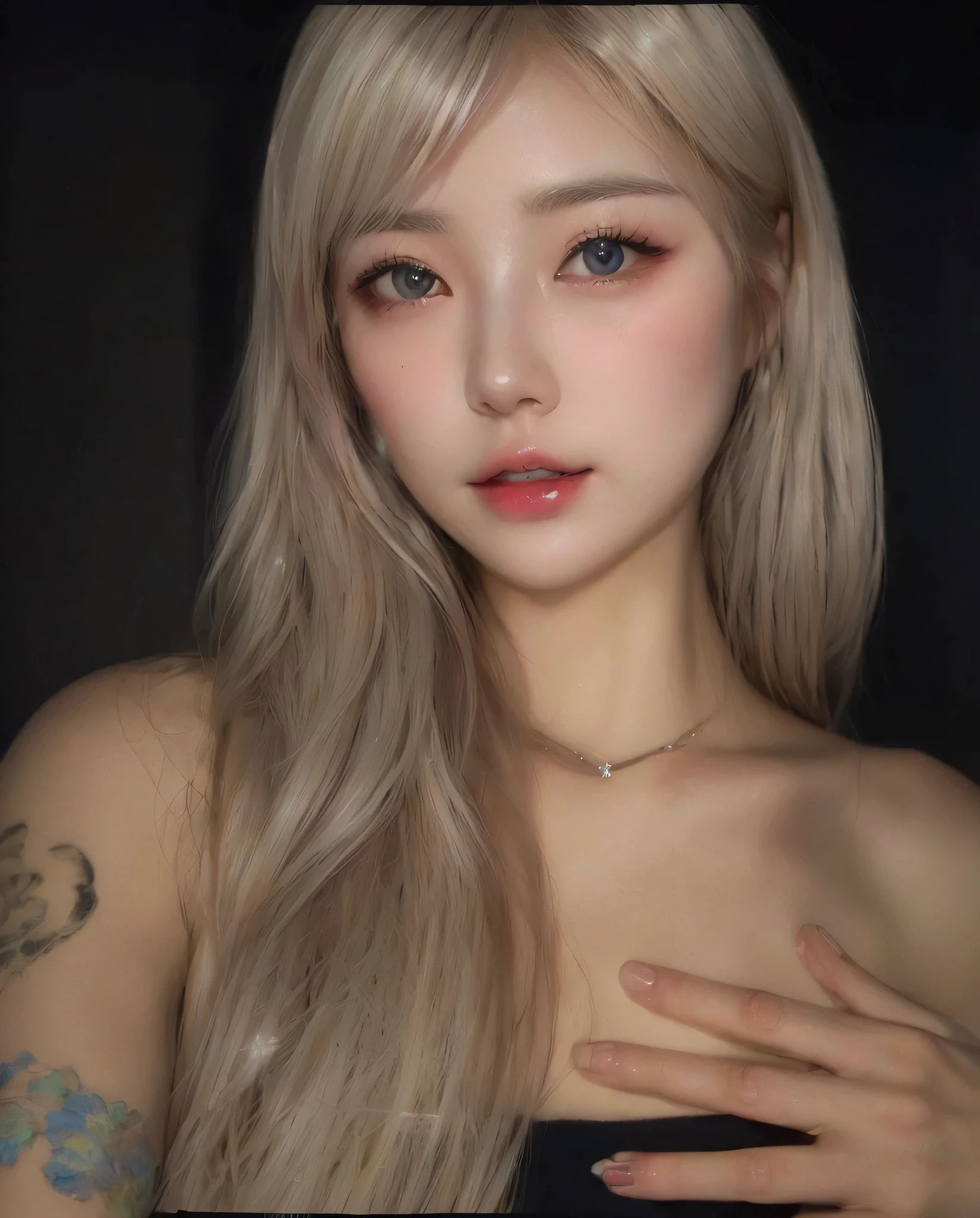 un primer plano de una mujer con cabello largo y rubio y labios rojos, pale porcelain white skin, maquillaje popular de corea del sur, ulzzang, cara sexy con maquillaje completo, pale milky white porcelain skin, Maquillaje coreano popular, muchacha coreana, pale round face, hermosa joven coreana, hermosa mujer surcoreana, extremely pale blonde hair, pale fur, sakimichan, chica cute y tierna