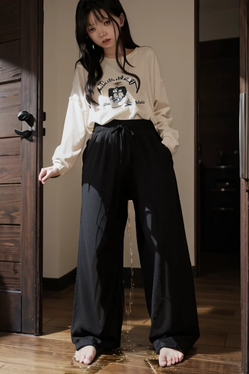Japanese Girl sees the ghost and pees her black palazzo pants until her pants are wet in fright.