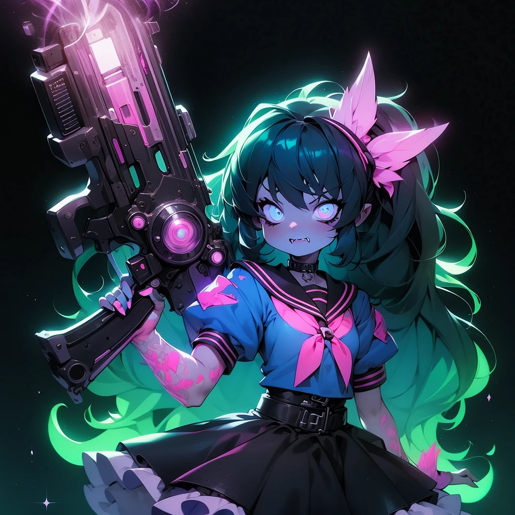a black and white drawing of a girl with blue hair, scary detailed art in color, ripped clothing, buck teeth, kawaii colors, tattered ragged gothic dress, vomit, wearing a black!! t - shirt, techno, teenager girl, full art, opened mouth, cut
