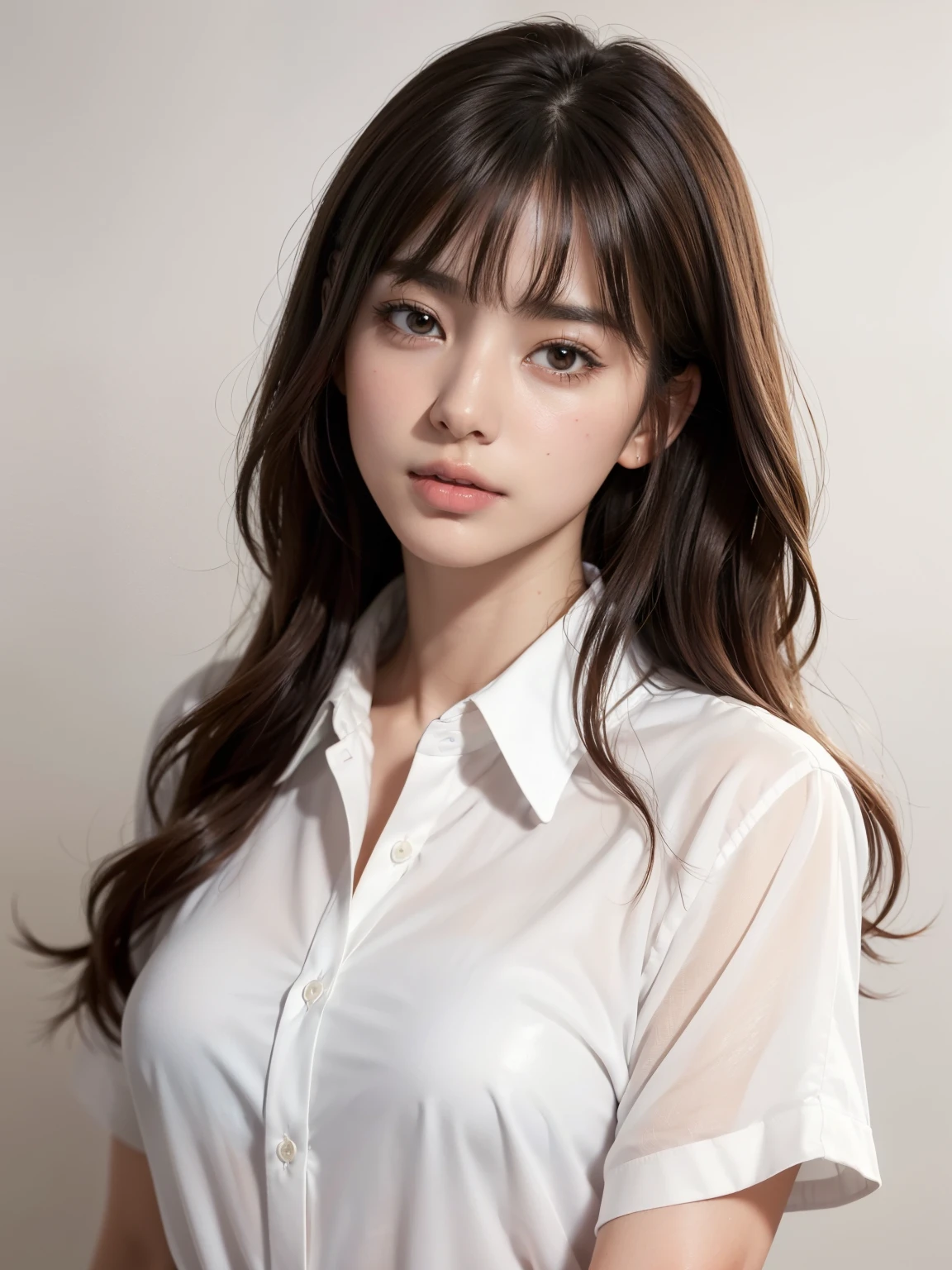 (detailed skin:1.2), (shiny skin:1.1), 8k,best quality, masterpiece, ultra high res, (photorealistic:1.4), RAW photo, (soft saturation:1.3), (fair skin:1.2), (Japanese idol:1.2), 22 years old, Natural make up, glamor, brown hair, medium hair, asymmetrical hair, wavy hair, asymmetrical bangs, (collared white shirt:1.2),
