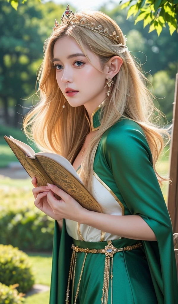 Close-up of a woman in a green dress holding a book, a character portrait inspired by Magali Villeneuve, Hot topics on artstation, Fantasyart, portrait of an elf queen, Belle peinture de personnage, Stunning character art, Epic and beautiful character art, blond-haired princess, medieval princess, fairy queen, fantasy art style, Side portrait of elven royalty