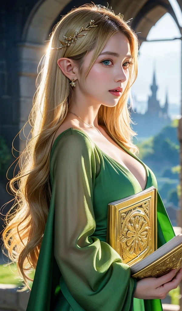 Close-up of a woman in a green dress holding a book, a character portrait inspired by Magali Villeneuve, Hot topics on artstation, Fantasyart, portrait of an elf queen, Belle peinture de personnage, Stunning character art, Epic and beautiful character art, blond-haired princess, medieval princess, fairy queen, fantasy art style, Side portrait of elven royalty
