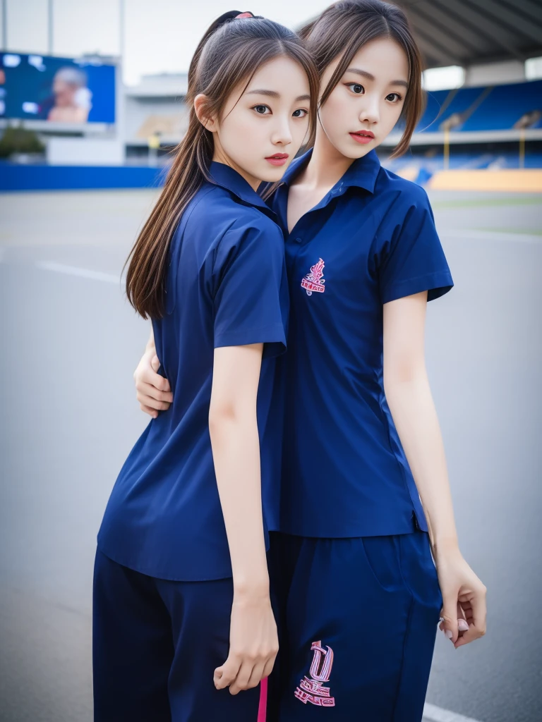 (best quality,10,10,High resolution,masterpiece:1.2),Ultra Detailed,(Practical,Realistic Portraits,Photo-realistic:1.37),1 Cute girl on the football field,Oily and shiny skin,only,A faint smile,BD clothes,((blue shirt:1.3)),Short sleeve,shirt, Pants.,(navy_long_pants track:1.1), ((stadium background:1.3)),Dynamic Angle,excited,Face focus,Dynamic poses,From the back,Ass Focus,masterpiece, best quality, Surreal, Ultra Detail, 8k resolution, RAW photos, Sharp focus, ((Navy blue shirt:1.1)), Short sleeve, long road, Perfect body, 2 mature female, 18 years old, Movie Lighting,Blue sweatpants,fitness accessories,Correct ???????,Complete body, Correct body, Pointed face, Anatomically correct body, whole body, Practical gestures, long-haired, Practical poses,Wear long shorts...,long leg span,Beautiful shape,sculpture girl, System, 2 adult, 18 years old, Movie Lighting,masterpiece, best quality, Surreal, Ultra Detailed, 8k resolution, RAW photos, Clear focus, (2 Girls in the coffee shop), ((navy shirt:1.1)), Short sleeve, long trackpant, Perfect body, 2 mature females, 18 years old, Lights See Nude