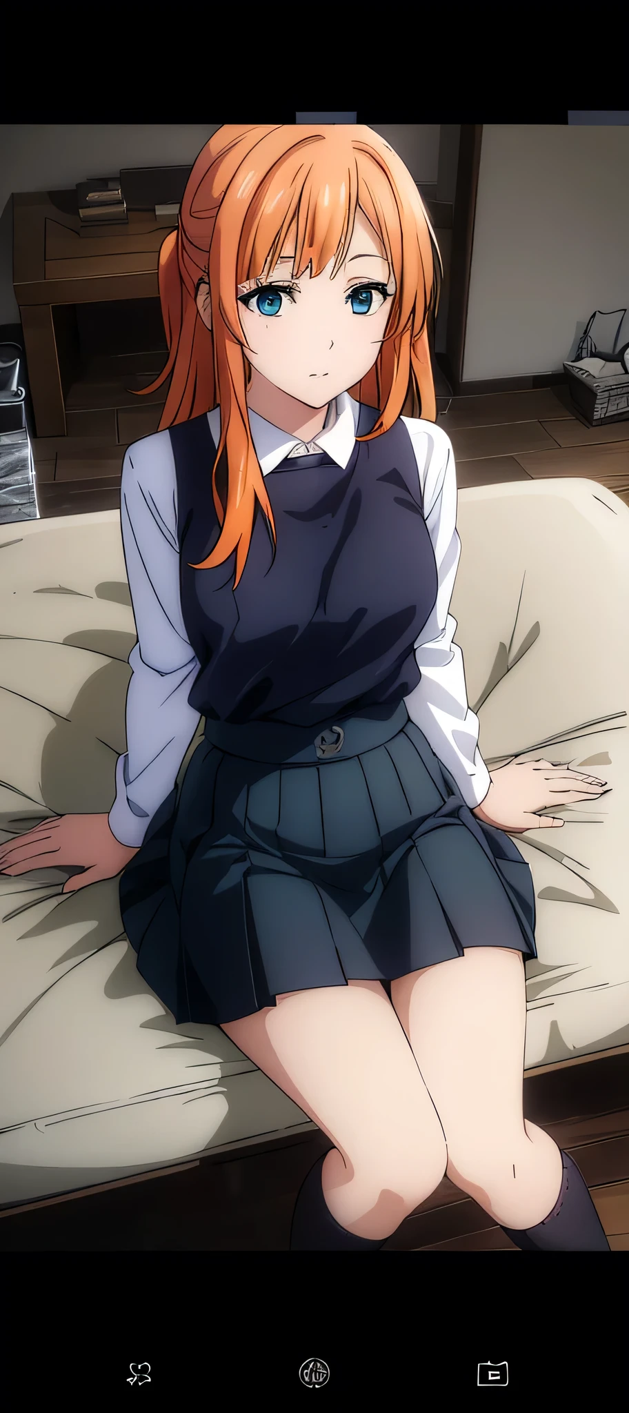 a girl with long orange hair, detailed green eyes, wearing a white uniform sailor t-shirt, blue plaid skirt, and long black socks, extremely detailed eyes and face, longeyelashes, beautiful detailed eyes, beautiful detailed lips, realistic, photorealistic, photo-realistic:1.37, (best quality,4k,8k,highres,masterpiece:1.2),ultra-detailed,(realistic,photorealistic,photo-realistic:1.37),HDR,UHD,studio lighting,ultra-fine painting,sharp focus,physically-based rendering,extreme detail description,professional,vivid colors,bokeh,portrait