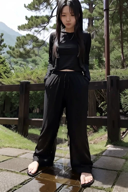 Japanese Girl sees the ghost and pees her black palazzo pants until her pants are wet in fright.