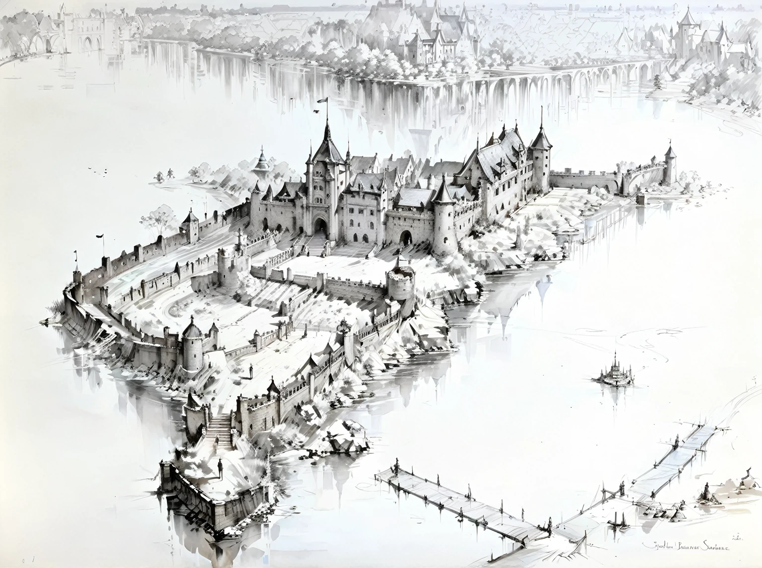 drawing of a castle with a moat and a bridge in the middle, inspired by Klaas Jans. Fischer, Joseph Schima, Jozef Borsos, Jan Zrzavy, Tadeusz Kantor, Janos Saxon-Sas, József Costa