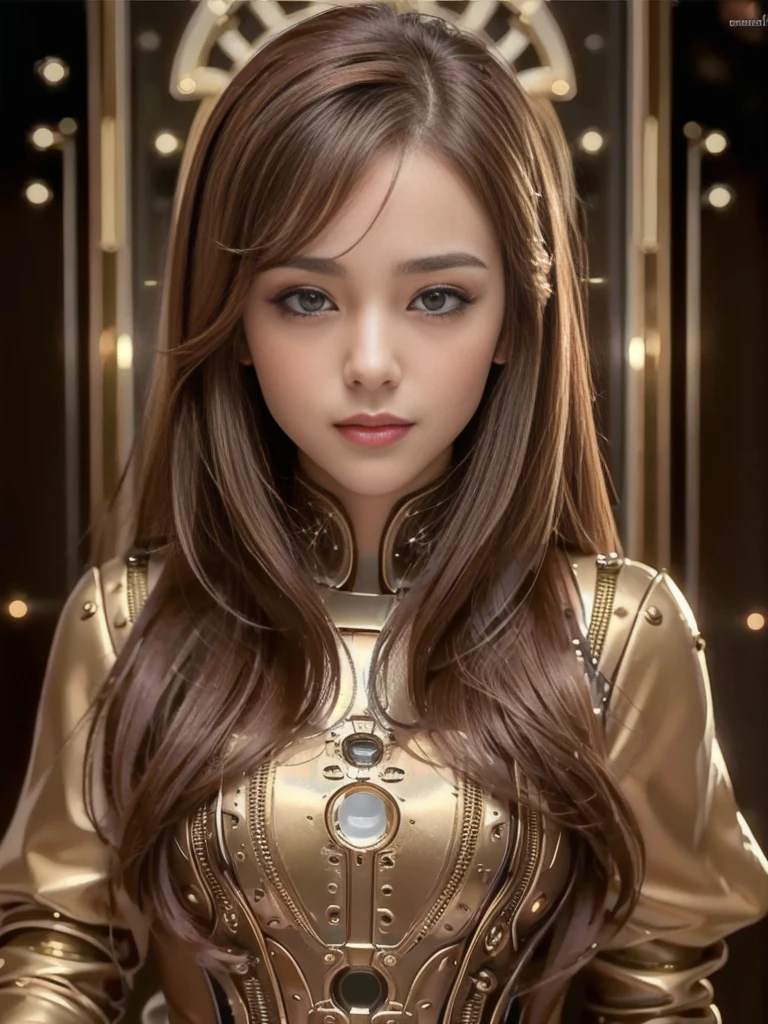 Face、serious、Lifelike face、Beautiful 27 year old woman、Light brown hair、Fashionable Hairstyle、Brown eyes、Brown Eyes、Smile、The background is real metallic high-octane