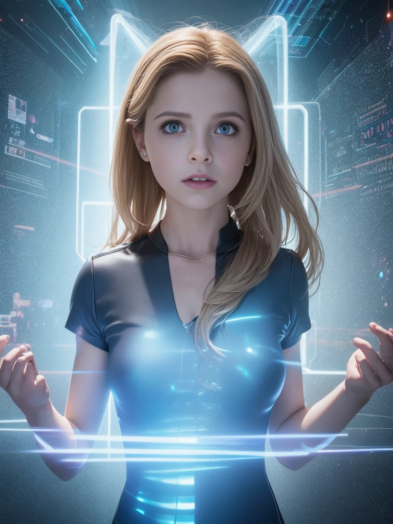 Imagine a futuristic exhibition，The holographic display shows "Buffy the Vampire Slayer." Combining hyper-realistic characterization with dynamic holographic storytelling. Create photorealistic representations using advanced rendering techniques，Bridging the gap between digital interfaces and tangible holograms.