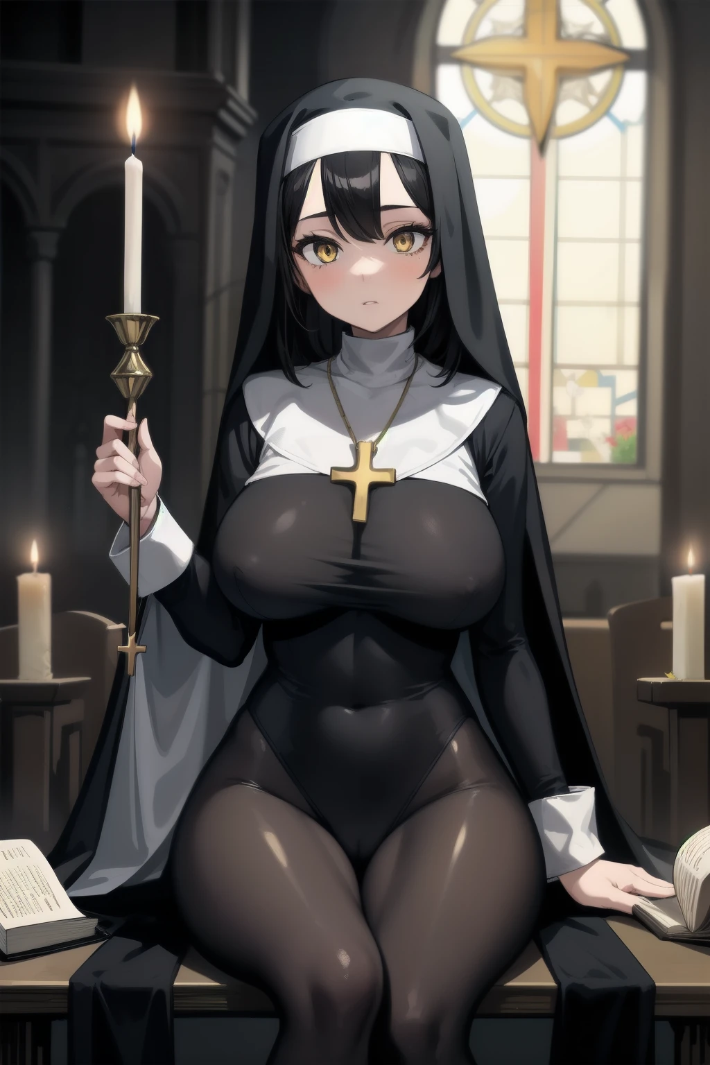 masterpiece, best quality,1girl, (large breasts:1.1)sagging breasts, black hair, gold eyes ,nun, church ,cross necklace ,bodysuit ,shiny cloth ,holding book. night,Candle,sitting 