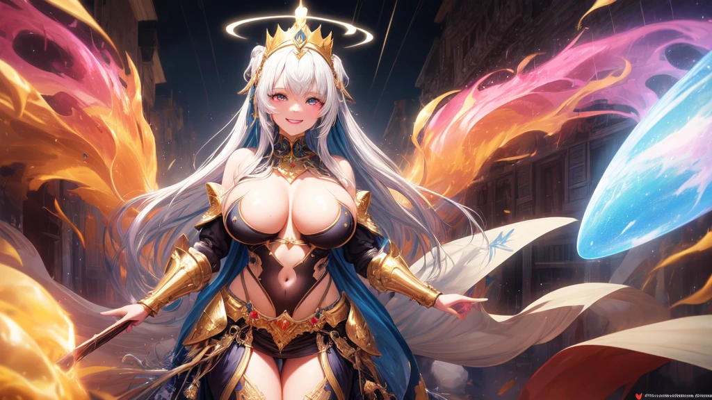 ((best quality)), ((masterpiece)), (detailed), perfect faceWoman in a golden transparent dress, (((Large Breasts))), Slim waist, (Navel exposed, Bare waist), long hair, extreme detailed details, Heavy rain scene, Detailed fantasy art, Stunning character art, Beautiful and exquisite character art, Beautiful gold and silver armor, Very detailed, girl in shining armor, Exquisite headpieces and jewellery, crystal jewelry filigree, Galaxy, Stunning visuals, (Dynamic Stripes, light track:1.2), Vibrant colors, halo, crown, glowing eyes, heterochromia, heart-shaped eyes, pink eyes, amber eyes, light smile, grin, heart in eye, saliva trail, Hyperrealism, Verism, Cubism, stereogram, anaglyph, Wide-Angle, Ultra-Wide Angle, wide shot, three sided view, first-person view, move chart, UHD, high details, highres, super detail, textured skin