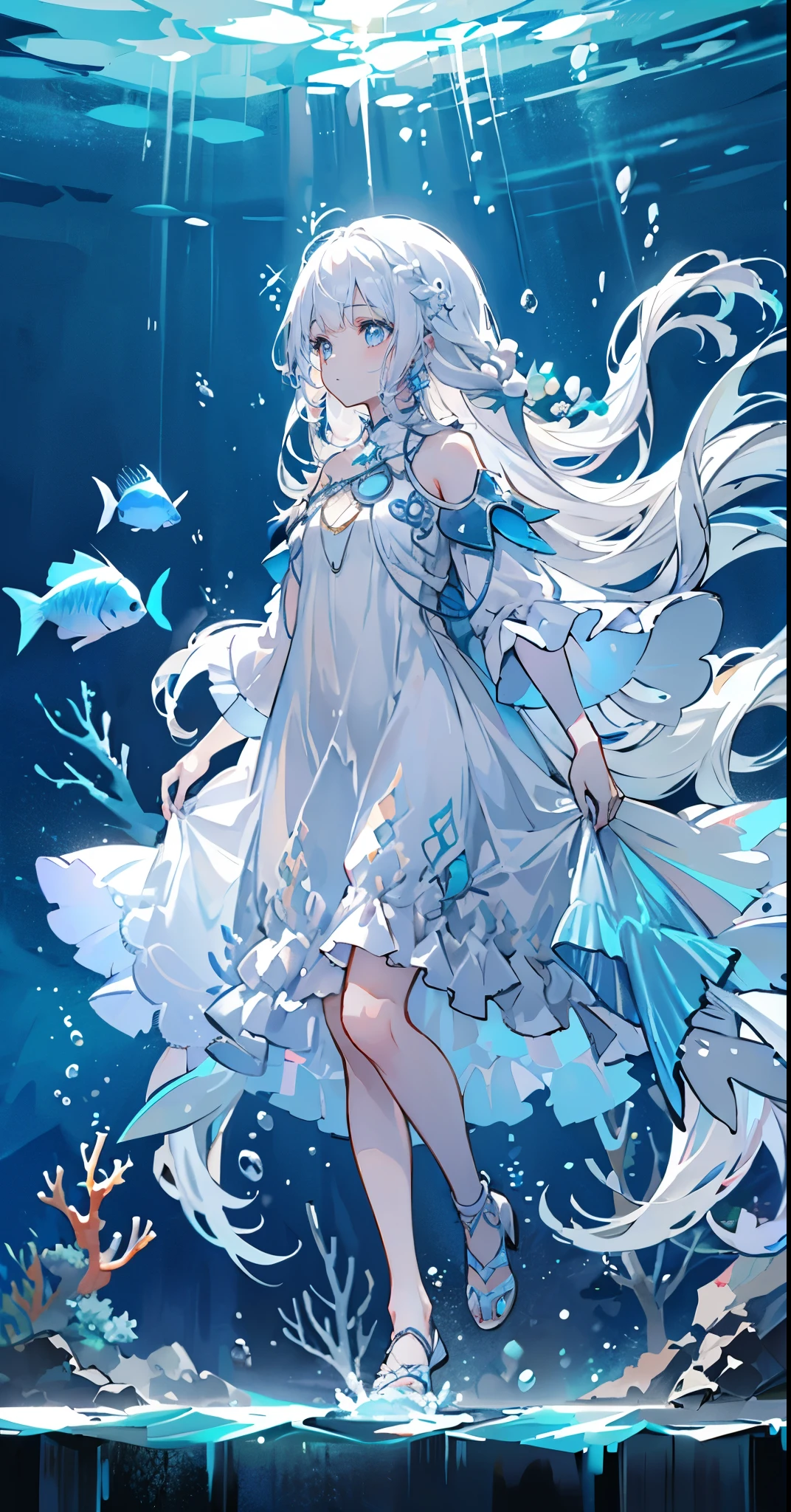 (Piece Fly), (best quality), Very detailed, 1 girl, Perfect face, (Single full body shot:1.3), Very detailed顔,(White long hair:1.5),(blue eyes:1.4),(In the water:1.4),(White Dress:1.5),ocean,Coral Reef,Small schools of fish,Light,bubble,jellyfish,ocean藻,(深ocean:1.4),fantasy,ocean底,float
