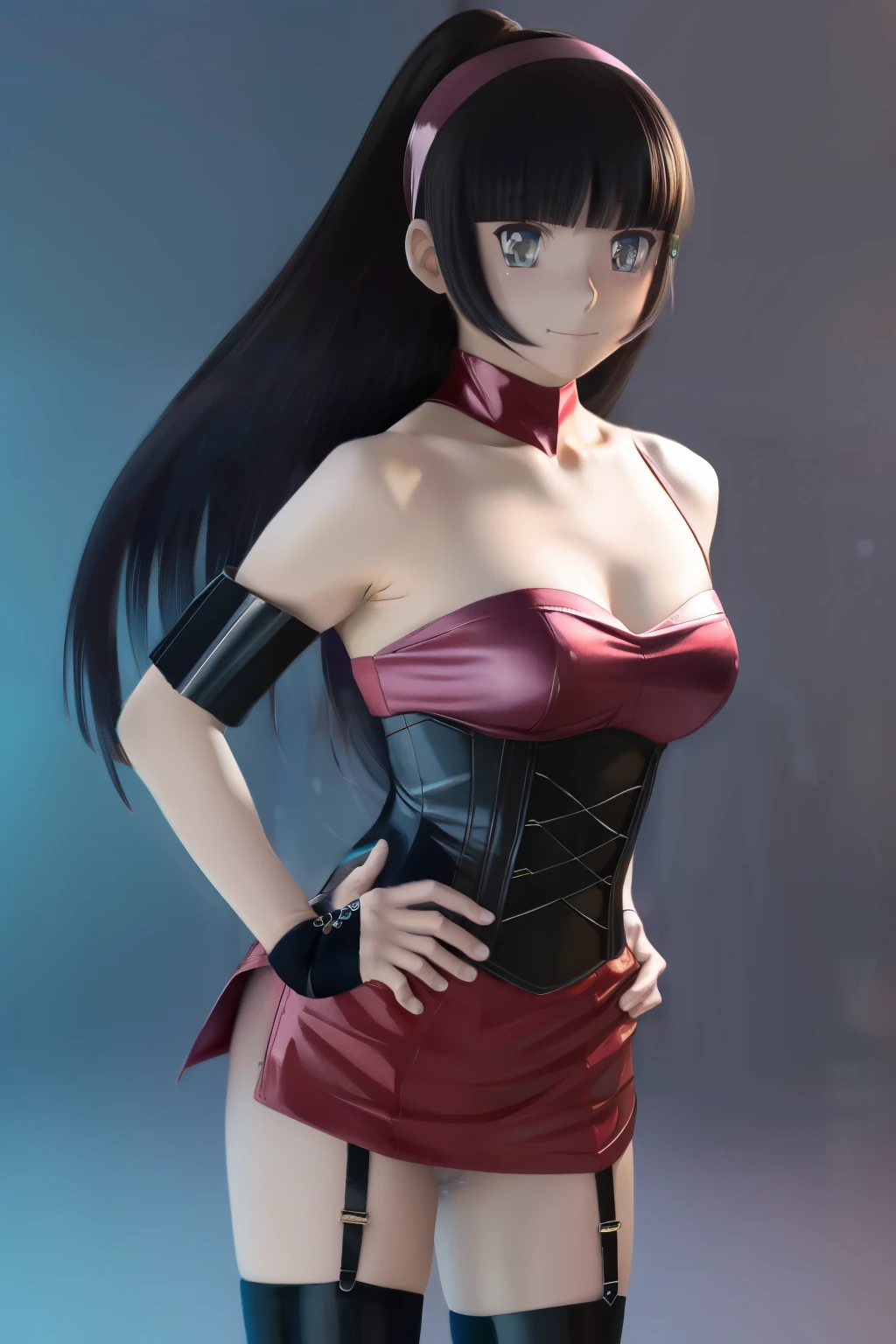 Generate an illustration of a mature Sabrina, gym leader of pokemon, (large shoulder pads), black gloves, hairband, holding a poke ball, dark hair, long straight hair, hair flows straight down, Red outfit in anime format with a serious style, black corset, black boots, masterpiece, dark lighting, black background, animatronic, robot joints, slendered abs, beautiful face, empty eyes,