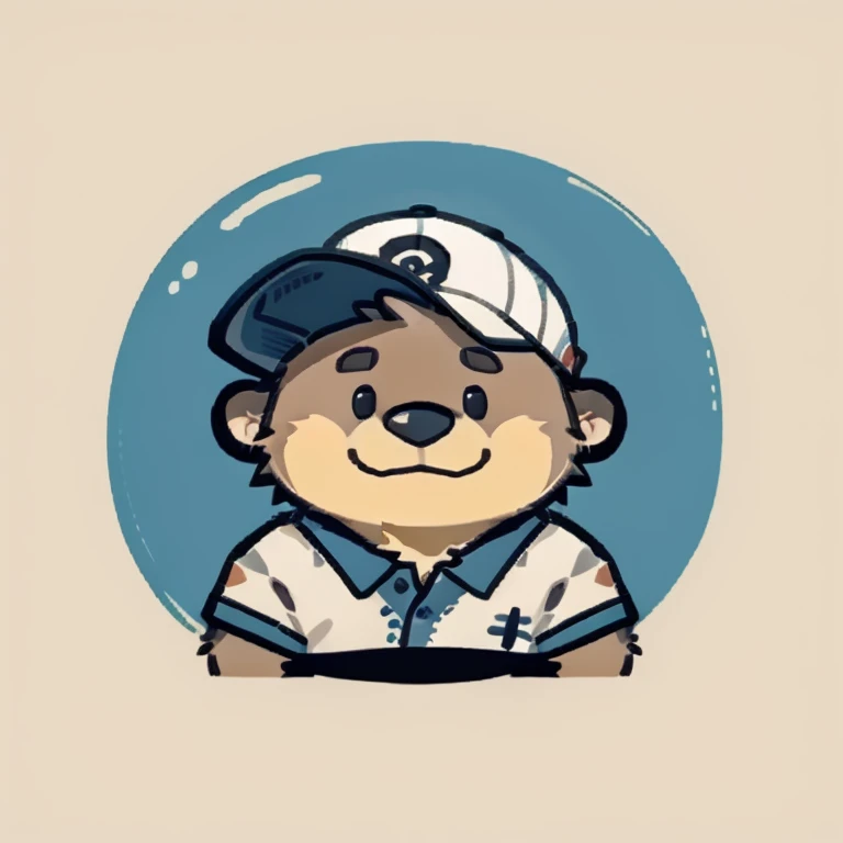 otter face,Cute face,Humanity(otter), (((cap))), (White short sleeve:1.3),Chubby,(white eyebrows:1.1),（Upper body naked:1.2）,(perfect black eyes),Simple background, Blue Background,print style。（Artist:Takemoto Arashi）