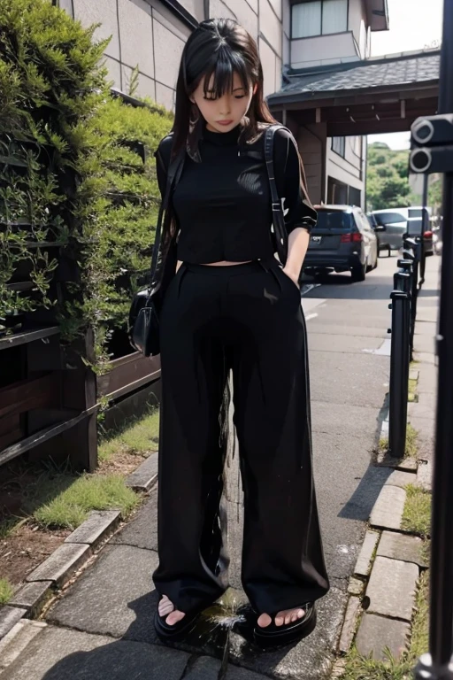 Japanese Girl sees the ghost and pees her black palazzo pants until her pants are wet in fright.