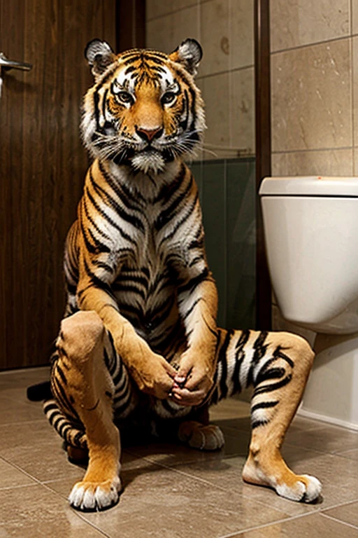 A tiger sitting on two legs just like indian sit on toilet 