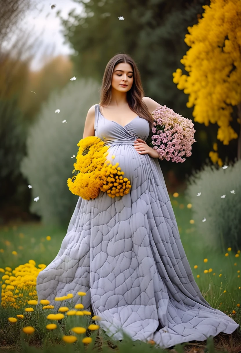 outdoor photography , high detailed , 4k , cinematic light , ultra high quality , pregnant woman in a gray dress posing for a photo, full body photoshoot, beautiful full body shot , marble paper dress , colorful dress , garden full of flowers on background , dandelion in the air , fall autumn trees