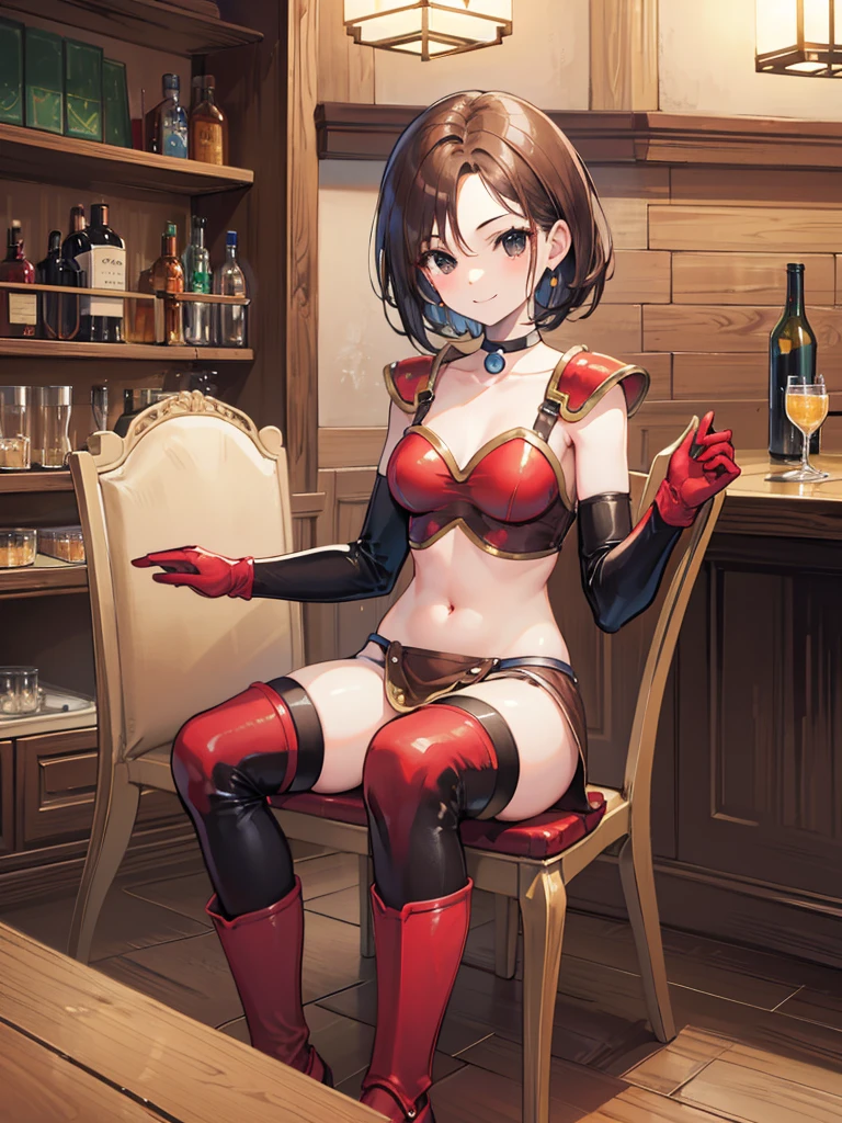 masterpiece,best quality,1 girl,brown hair,short hair,parted bangs,(red tassets),Red shoulder armor,elbow gloves,black eyes,smile,warrior,choker,navel,dragonquest,sitting on a chair,bar