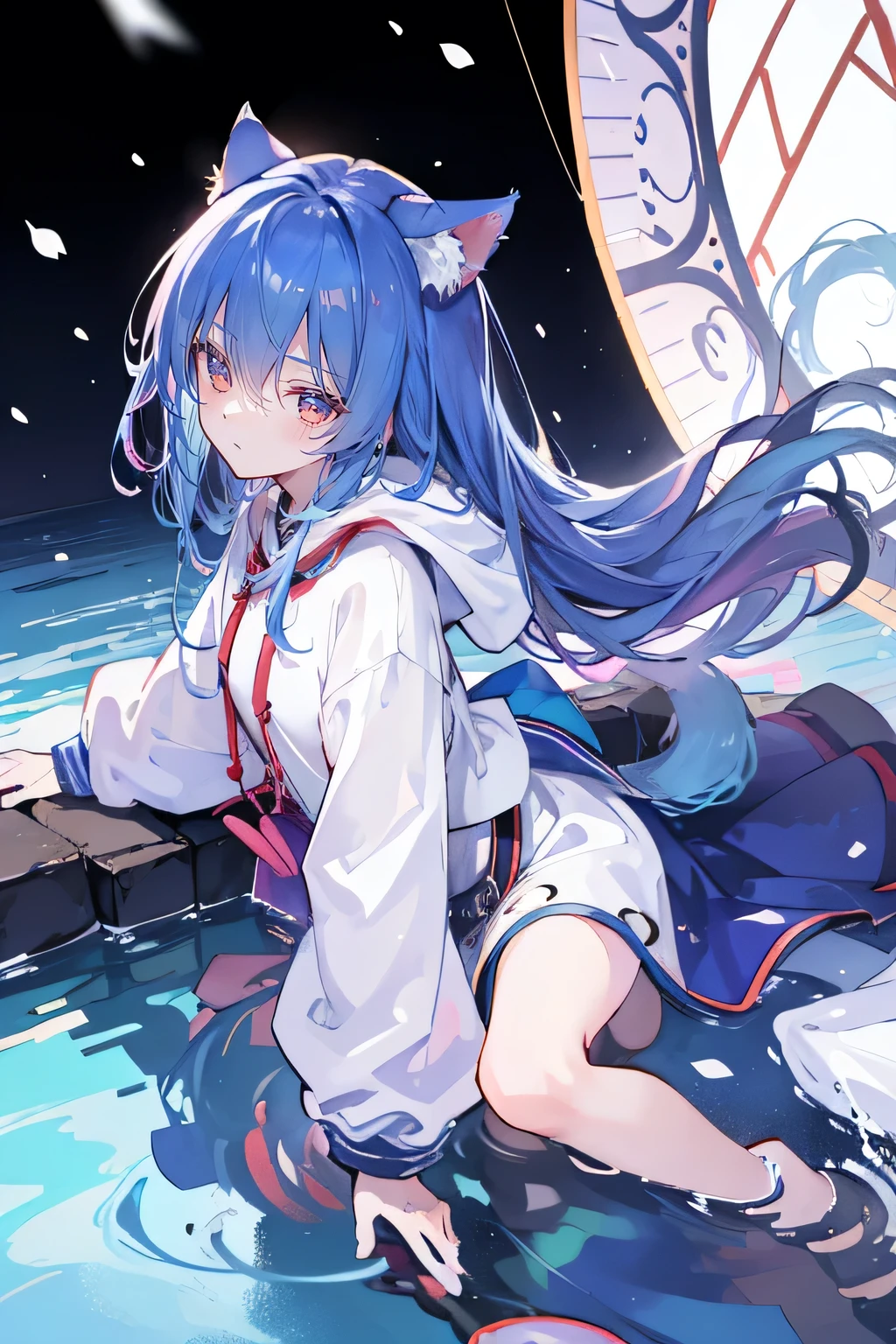 (masterpiece:1.2),Super detailed,lifelike,Expressive eyes,fair skin,perfect face shape,1 girl,
Japanese comics,Gorgeous blue hair,flowing blue hair,flowing clothes,Cat ears,Petals fall,beautiful lola,Baby Angel,
Shaking head with one hand,Cross your legs,Gentle and peaceful background,The pavilion is cool and comfortable,smile, wearing hoodie, background of tokyo,back views,snowing, winter,lie on the water,Wearing a fox mask.